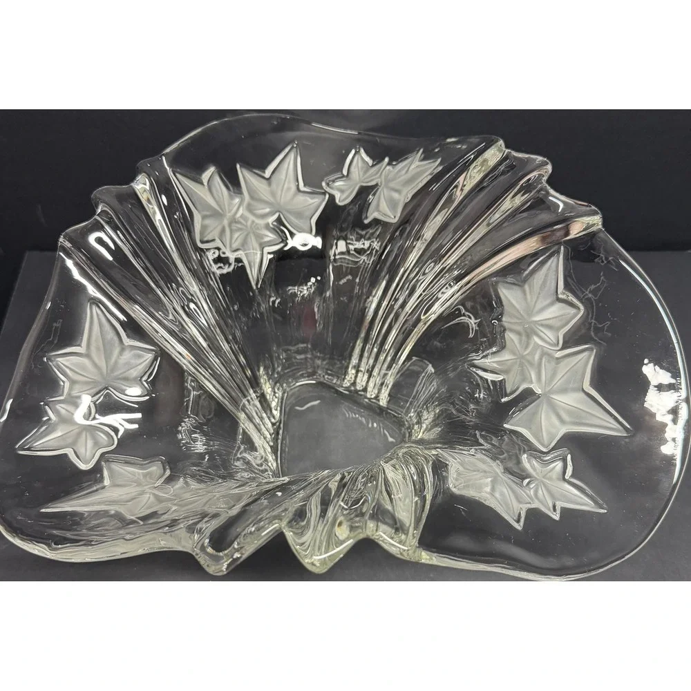 Vintage Crystal Fan Vase Frosted Ivy Leaf Flared Ribbed Art Deco Style Centerpc